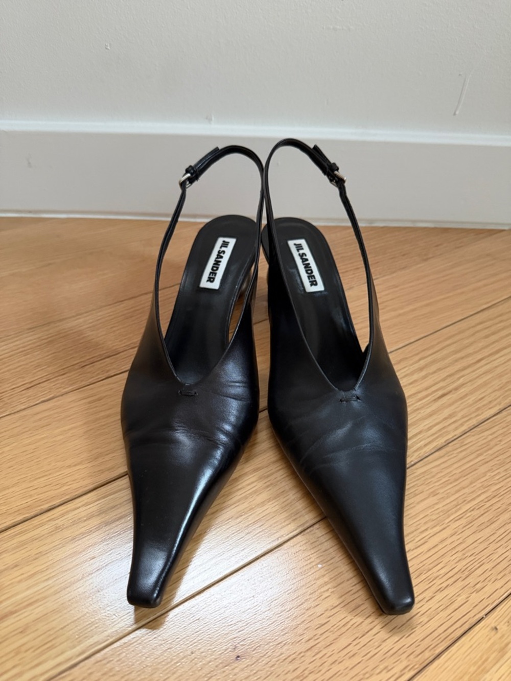 Jil Sander Black Pointed Leather Slingback Pumps